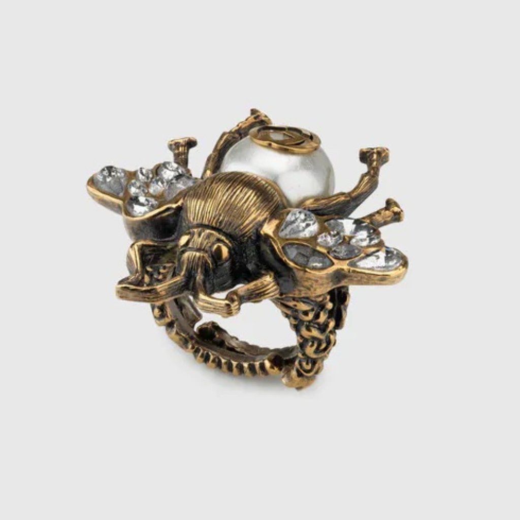 Gucci Bee Ring In Antique Gold With Crystals And Pearl New In Box Last One!